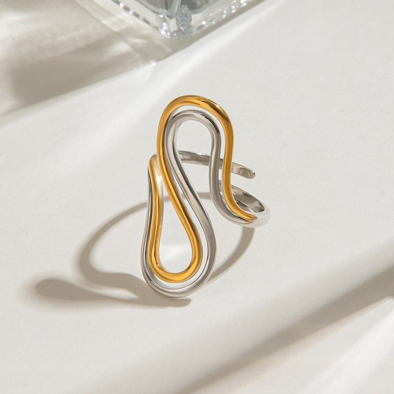 AiTURE Chunky Rings For Women, Gold Silver Thumb Ring Asymmetrical Wavy Curve Ring Adjustable Non Tarnish Dainty Stainless Steel New Year Anniversary Birthday Jewelry Gift - Image 2